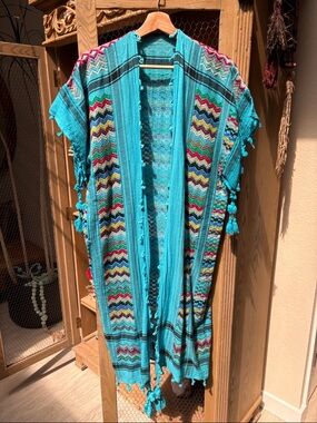 Turquoise Embroidered Hippy Beach Cover-Up Kimono Robe with Fringe